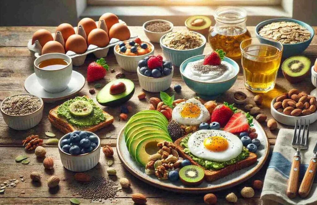 A balanced breakfast with eggs, avocado, and whole grains for hormone health.